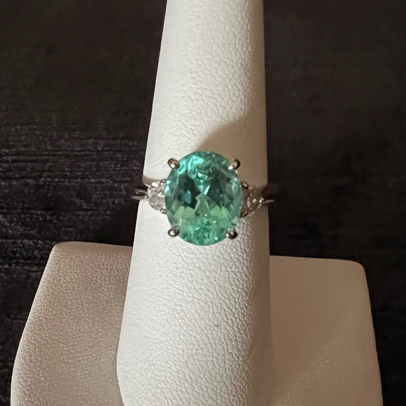3.99 ct. PARAIBA TOURMALINE colorless Half moon cut DIAMONDS 950 PLATINUM ring - Picture 8 of 17